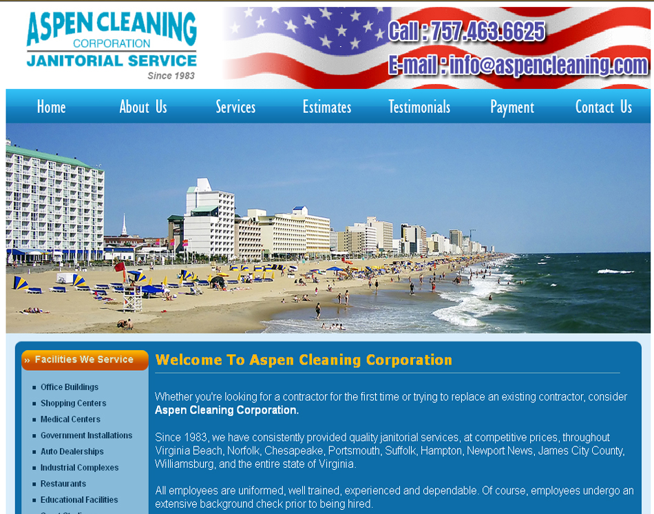 image of janitorial service website design for Hampton Roads cleaning company website Aspen Cleaning